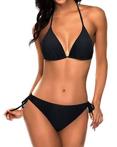 Tempt Me Women Black Triangle Bikini Sets Halter Two Piece Sexy Swimsuit String Tie Side Bathing Suit M