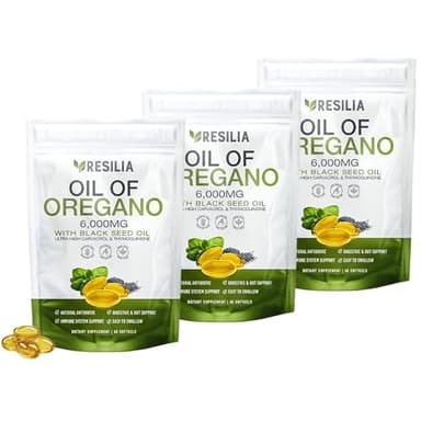Resilia Oil Of Oregano Softgels with Black Seed Oil 6000mg – Organic Oregano Oil Capsules for Immune & Digestive Support – Non-GMO, Gluten-Free Softgels – 180 Count (Pack of 3)