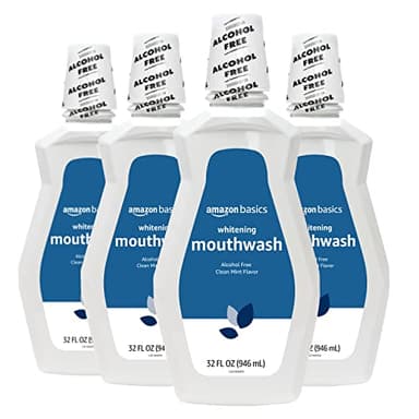 Amazon Basics Teeth Whitening Mouthwash, Alcohol-Free, Clean Mint Flavor, Breath Freshener, 32 fl oz, 4-Pack (Previously Solimo)