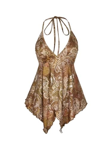 Verdusa Women's Plus Size Babydoll Tops Boho Vintage Paisley Halter Top Summer Outfits Flowy Peplum Shirts Multicolor 3X-Large Plus