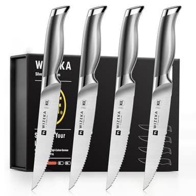 WIZEKA Steak Knives Set of 4 - German Stainless Steel - 5 Inches Serrated Straight Edge Steak Knife Set, One Piece Design Knife Set of Steak with Box, Silver Wings Series