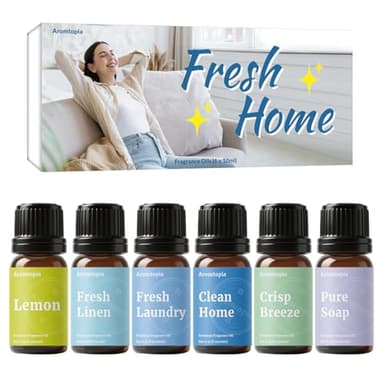 Diffuser Fragrance Oils, Aromtopia Essential Oils for Diffusers for Home, 6x10ml Fresh Home Set, Clean Scents for Candle Soap Making, Dryer Ball, Fresh Linen, Fresh Laundry, Crisp Breeze, Lemon