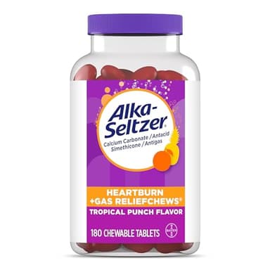 Alka-Seltzer Heartburn + Gas ReliefChews, Antacid + Antigas Chews for Fast Heartburn Relief, Gas, and Acid Indigestion Relief On the Go, 180 Ct