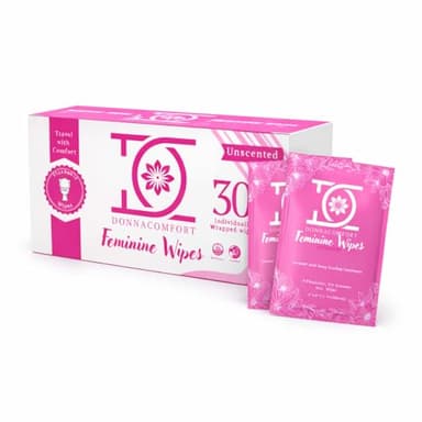 DonnaComfort Flushable Feminine Wipes for Sensitive Skin – pH Balanced, Fragrance-Free Intimate Wipes with Aloe Vera & Vitamin E, Individually Wrapped Travel Size (30 Count)