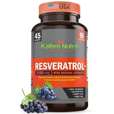 Kaibro Nutra Resveratrol Supplement, 1500mg Extra Strength Trans Resveratrol, Quercetin with Japanese Knotweed Extracts, Anti-Aging, Radiant Skin and Immunity Support, Vegan & Non-GMO, 90 Capsules