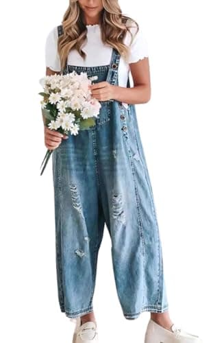 chouyatou Women Loose Adjustable Strap Denim Bib Overall Jeans Distressed Wide Leg Baggy Overalls Jumpsuit (Medium, Blue)