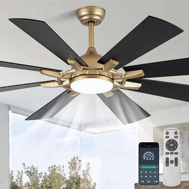Bella Depot 60" Black and Gold Ceiling Fan with Light Large Ceiling Fan with Remote Dimmable LED Tri-Color Temperature 6-Speed Quiet DC Motor Chandelier Fan for Bedroom Living Room Patio