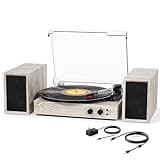 Record Player for Vinyl with External Speakers, USB Port to PC Recoding, 3 Speed Belt-Driven Vintage Bluetooth Turntable with Dual Stereo Bookshelf Speakers, Auto Stop, Dust Cover, RCA/AUX, Grey Wood