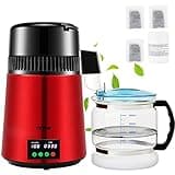VEVOR 1.1Gal Water Distiller, 0.3Gal/H, Distilled Water Maker Machine 750W 0-99H Timing Setting Temp Display, 304 Stainless Steel Countertop Distiller Glass Carafe Cleaning Powder 3 Carbon Packs, Red