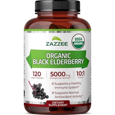 Zazzee USDA Organic Black Elderberry 10:1 Extract, 5000 mg Strength, 120 Vegan Capsules, 2 Month Supply, Standardized, Concentrated 10X Extract, 100% Vegetarian, All-Natural, Non-GMO, Made in The USA