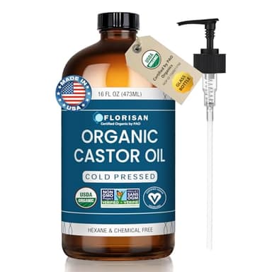 Florisan Organic Castor Oil 16oz Glass Bottle, Cold Pressed, Hexane-Free, Non-GMO, 100% Pure Castor Oil for Hair Growth, Skin, Lashes, Eyebrows, EWG Verified & USDA Organic Certified