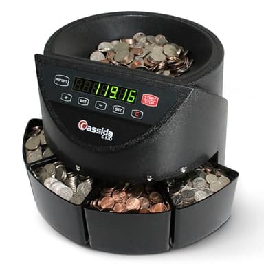 Cassida C100 Electronic Coin Sorter/Counter, Countable coins 1¢, 5¢, 10¢, 25¢, 250 coins/min, 110 VAC