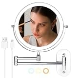 SEAEMIKO 8" Wall Mounted Lighted Makeup Mirror, 1X/10X LED Lighted Magnifying Mirror with 3 Colors, 360° Rotation Double Sided Extension Foldable Arm Rechargeable Makeup Mirror, Touch Dimming