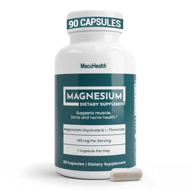 MacuHealth Magnesium Glycinate & L-Threonate 145mg - 90 Capsules - Highly Absorbable Magnesium for Energy, Calm & Focus - Gentle on Stomach, Vegan, Non-GMO - Premium Chelated Magnesium Supplement