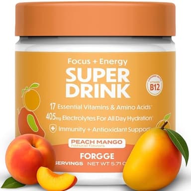 Forgge Energy Booster Super Drink - Clean Caffeine + B12, B6, C & D Vitamins - Sugar Free Energy Drink Powder with Electrolytes, Amino Acids, Antioxidants, Lions Mane - Vegan, Keto-Friendly - 30 SVG, Peach Mango