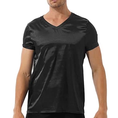 winying Men's Short Sleeve V-Neck Jersey T-Shirt Casual Loose Silk Tops Shirt Shiny Satin Blouse Black XX-Large