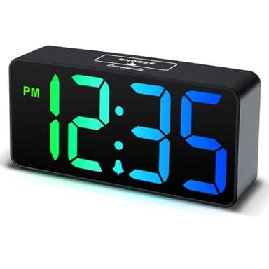 DreamSky Small Digital Alarm Clocks for Bedrooms - RGB Electric Alarm Clock for Kids Bedside Nightstand, Desk Clock with Large Numbers, Dimmer, Adjustable Alarm Volume, USB Port, USB-C Adapter Powered