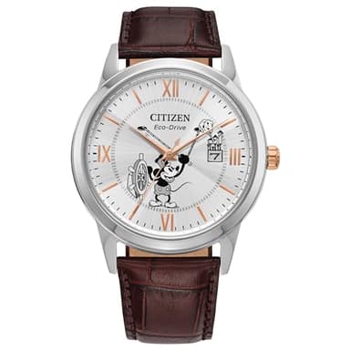 Citizen Eco-Drive Disney Steamboat Willie Mickey Mouse Stainless Steel Case Watch, Brown Leather Strap (Model: AW1788-07W)