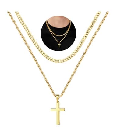 Yooblue Cross Necklace for Men, Mens Necklace Stainless Steel 14K-Gold-Plated Layered Rope Chain Cross Pendant Necklace Jewelry, Cross Chain Necklace for Men Cuban Link Chain for Men