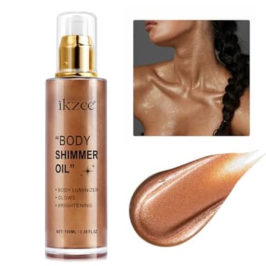 Shimmer Oil 100ml, Moisturizing Long Lasting Body Luminizer Face Brighten, Waterproof Liquid Illuminator Glow, Glitter Oil Highlighter Summer Glowing Makeup (#03 Bronze Gold)