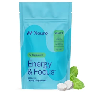Neuro Energy & Focus Mints - Sugar Free Breath Mints with 40mg Natural Caffeine, B Vitamins & L-Theanine - Vegan Brain Supplement for Exercise, Study & Daily Focus - Spearmint, 90 ct