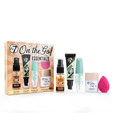 W7 On the Go Essentials Set - Mini Makeup Must-Haves with Primer, Setting Spray, Mascara, Golden Glow Bronzing Drops & Beauty Sponge - Travel or Handbag Size Essentials