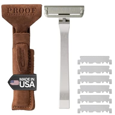 Proof Benchmark Single Blade Razor CNC Machined Aluminum Metal - Made in USA - Pivoting Head for a Smooth & Comfortable Shave - Easy Blade Replacement - Durable Design with Grooved Cap & Leather Case