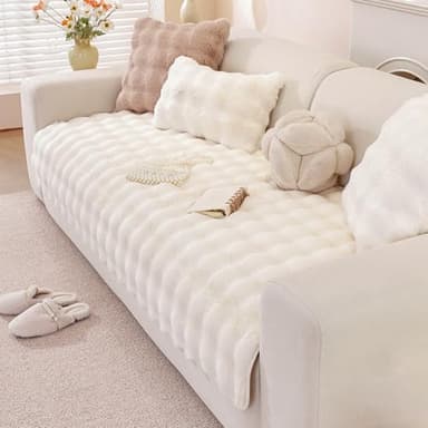 OstepDecor Faux Fur Couch Cover, Soft Plush Couch Covers for Sofa, Fuzzy Cozy Bubble Sofa Covers Washable, Pet Friendly Couch Protectors for Dogs, Dog Mat for Couches and Sofas (35.4" x 70.9", White)