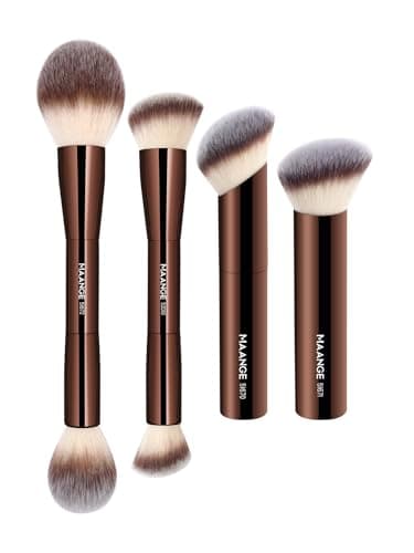 MAANGE 4 PCS Foundation Makeup Brush Set Double-ended Kabuki Contour Brush for Liquid Powder Concealer Cream Cosmetics Blending Blush Face Makeup Tools Kit (Coffee)