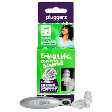 Pluggerz Enjoy Music Earplugs, Transparent, Skin-Friendly Material, Reusable Ear Plugs with Filter, 24-29 dB Noise Reduction Rating, Universal-Fit Hearing Protection for Concerts or Festivals, 1 Pair