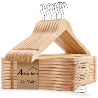 Amber Home 30 Pack Wooden Coat Hangers, Natural Wood Suit Hangers with Non Slip Pant Bar, Clothes Hangers for Shirts, Jackets, Dress, Pant (Natural, 30)
