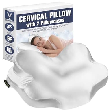 VeluraDream Anti Wrinkle Neck Pillow for Face & Skin - Cervical Beauty Pillow with 2 Cooling Pillowcases, Memory Foam Support for Side & Back Sleepers (White)