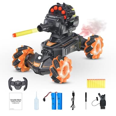 BOKSIYUR Rc Car Shoot SoftBullet,Fits for Nerf, Remote Control Hand Gesture Stunt Drift Truck, 360°Rotating Battle Tanks with Soft Bullets Water Bomb, Spray, Music, Led, Toy Gifts（Orange）