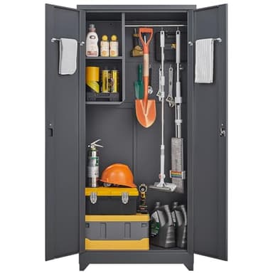 GREATMEET 72.8" Outdoor Broom Storage Cabinet, Waterproof Outdoor Narrow Storage Shed, Metal Storage Cabinets for Cleaning Supplies with Slanted Roof, Utility Closet, Broom Mop Storage Cabinet, Grey