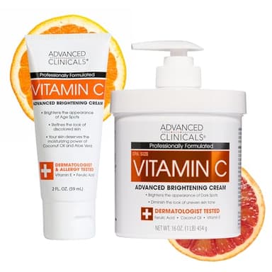 Advanced Clinicals Vitamin C Cream Visibly Brightening Body Lotion | Vitamin C Moisturizer Skin Care Body Cream For Women & Men Visibly Improves Look Of Dark Spots & Uneven Skin Tone, W/Travel Size