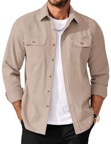 COOFANDY Mens Button Down Shirt Jacket Casual Shacket Overshirt Work Shirts for Men Light Khaki