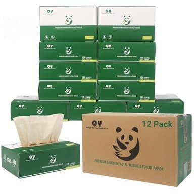 QingYa Unbleached Bamboo Facial Tissues - 12 Boxes of 100% Natural, Hypoallergenic, 134 Sheets per Box, FSC Certified, Eco - Friendly, Ultra - Soft & Gentle for Everyday Home and Office Use