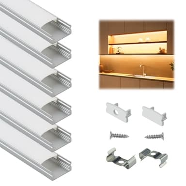 Muzata 6Pack 3.3FT/1M LED Channel Aluminum U Shape Silver LED Strip Diffuser Channel with Milky White Cover Easy Installation U1SW WW 1M