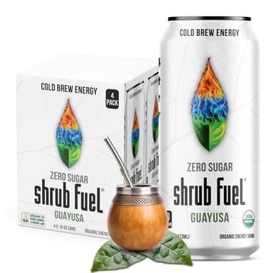 Shrub Fuel Organic Energy Drink - Made With Fresh Brewed Guayusa Tea, 100% Plant Brewed Clean Energy For Calm Focus, Zero Sugar And No Crash, 16 FL Oz Cans (4 Pack)