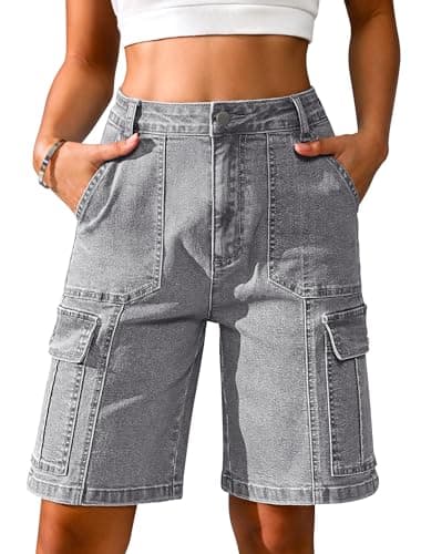 Eddoyee Bermuda Cargo Jorts for Women Denim Jean Shorts Casual Long Knee Length High Waisted Stretch Wide Leg Relaxed Fit(Gray Jean, Medium)