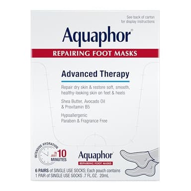 Aquaphor Repairing Foot Masks, Moisturizing Socks for Dry Feet, Hydrating Foot Care Treatment with Avocado Oil and Shea Butter, Pack of 6