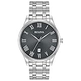 Bulova Men's Classic Stainless Steel 3-Hand Date Calendar Quartz Watch, Grey Dial with Roman Numeral Markers Style: 96B261