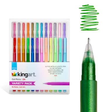 KINGART 24 Gel Pens Set: Glitter, Metallic & Pastel Colors for Adult Coloring Books, Journaling, Scrapbooking & DIY Crafts