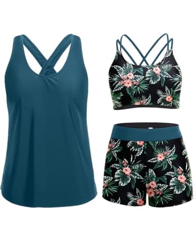 Holipick Green and Flower 3 Piece Tankini Swimsuits for Women Tummy Control Bathing Suits Swim Tank Top with Bra Boy Shorts Teen Swimwear L