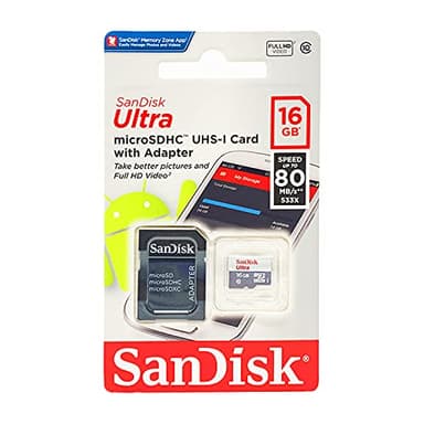 SanDisk Ultra 16GB Ultra Micro SDHC UHS-I/Class 10 Card with Adapter (SDSQUNC-016G-GN6MA)