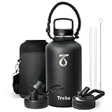 Trebo 64oz Water Bottle Insulated,Large Stainless Steel Water Jug with 3 Lids, Double Wall Vacuum Sports Thermos Keep Hot 24 Hours & Cold 48 Hours,Wide Mouth Flask,Black