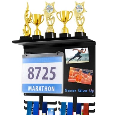 Moxweyeni Race Medal and Bib Display with Trophy Shelf, Wall Mounted Photo Display Board, Ideal Gifts for Runners and Marathoners, Holds up to 50 Medals, 40 Race Bibs & 5 Trophies