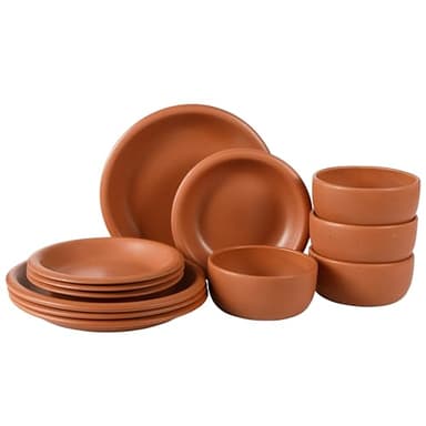 Bloomhouse - Two Time Oprah's Favorite Things Winner - Corsica Clay 12-Piece Stoneware Rustic Reactive Glaze Dinnerware Set - Stackable Plates Bowls Set Service for 4 - Matte Burnt Apricot Terracotta