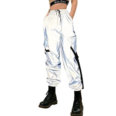 LZLRUN Streetwear Hip Hop Reflective Loose Cargo Pants Harajuku Cargo Jogger Women Elastic Sweatpant (S, Full Reflective)