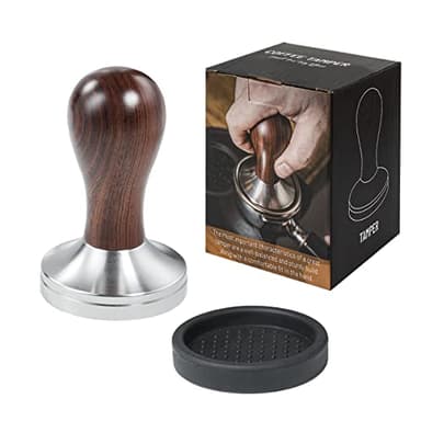 USEAMIE Coffee Tamper Espresso Press with Tamper Mat 304 Stainless Steel Flat Base Wooden Handle for Coffee Grounds Barista Espresso Machines Accessory (58MM)